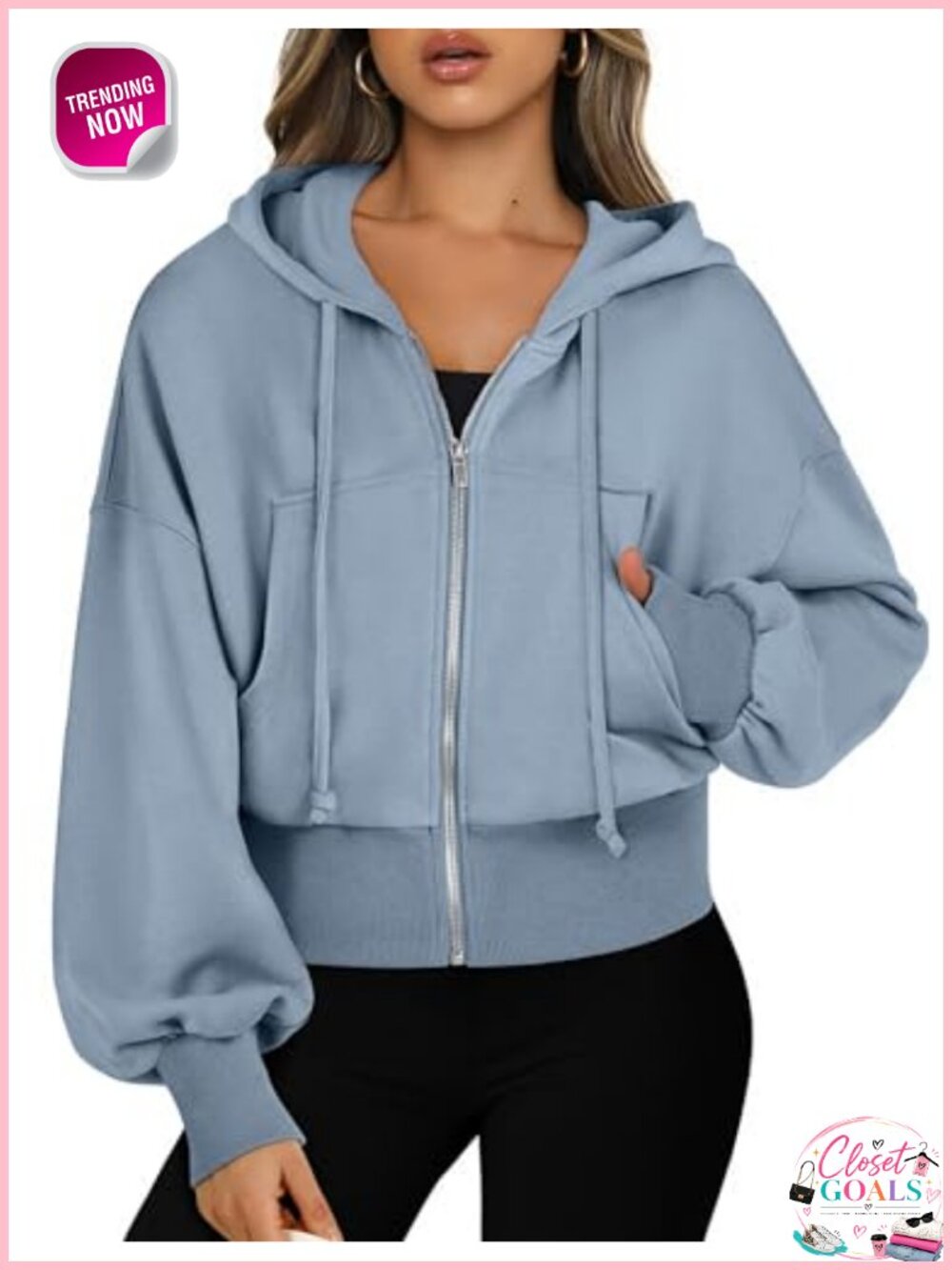 Women's Cropped Zip Up Hoodie Ribbed Cuff Kangaroo Pocket Sweatshirt